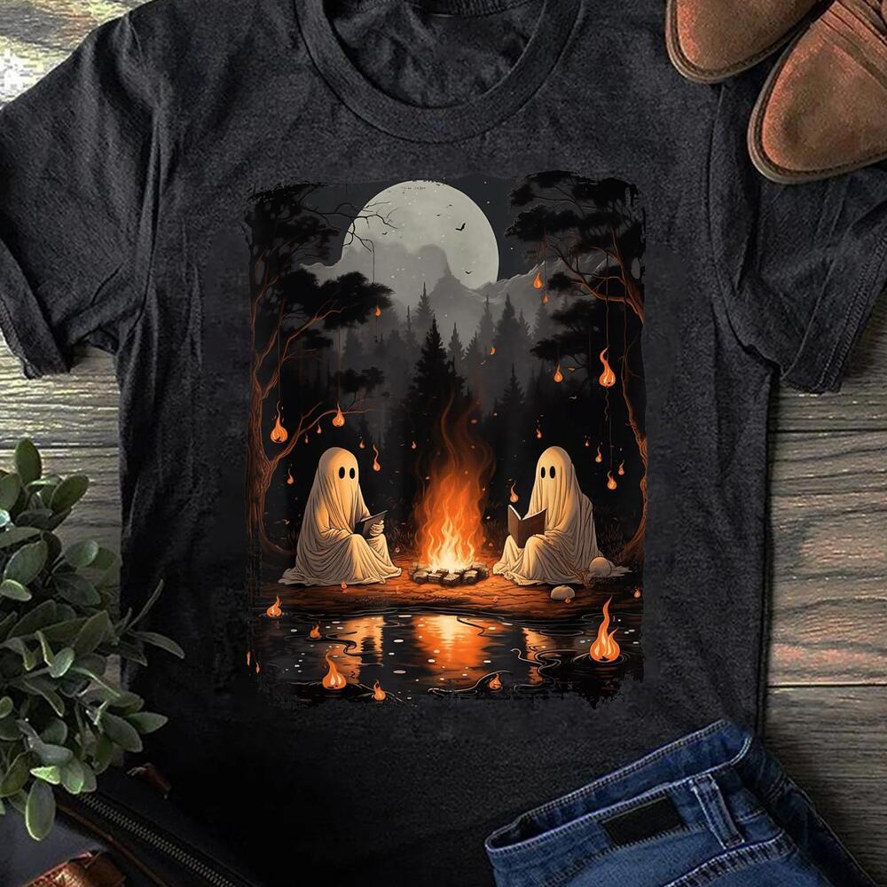 Ghost Book Reading T-Shirt Funny Halloween Camping Shirt